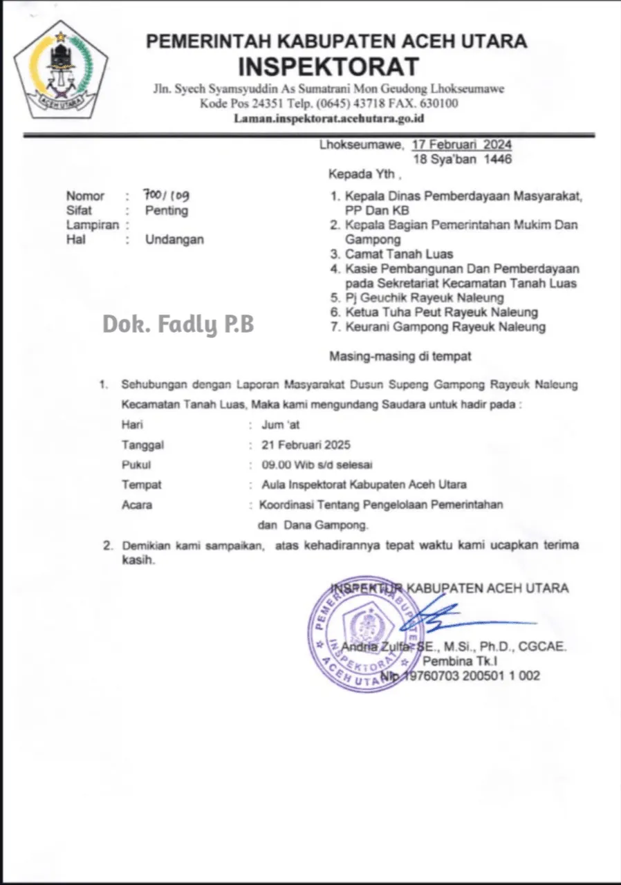 Foto: Surat Pemanggilan (Undangan) Dari Inspektorat Aceh Utara Kepada Pihak Terkait