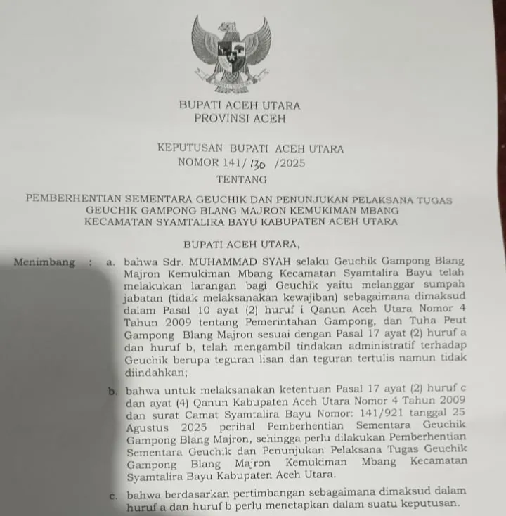Surat Keputusan Bupati Aceh Utara Pemberhentian Sementara Geuchik Blang Majron