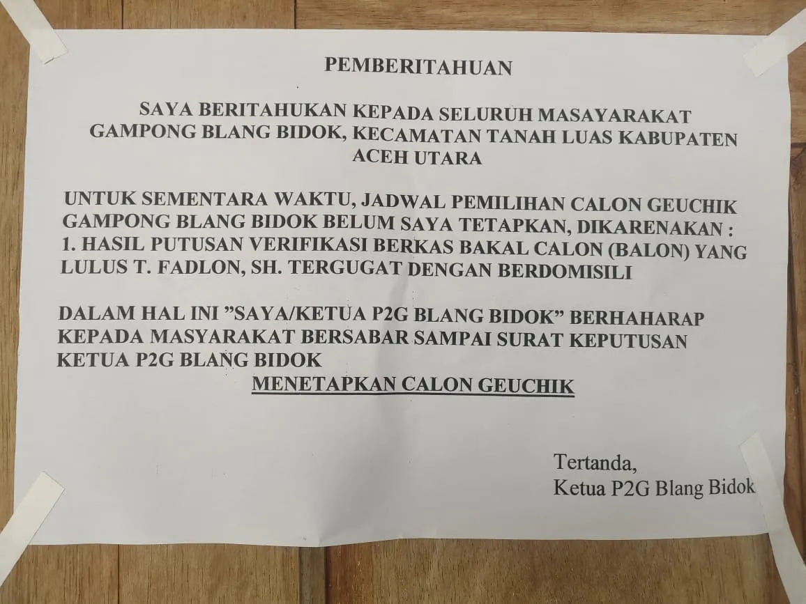 Foto: Surat Pemberitahuan Ketua P2G Blang Bidok