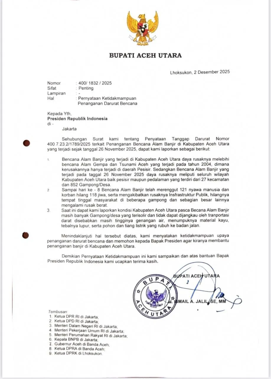 Foto: Surat Bupati Aceh Utara Ketidakmampuan Mengatasi Darurat Bencana Banjir