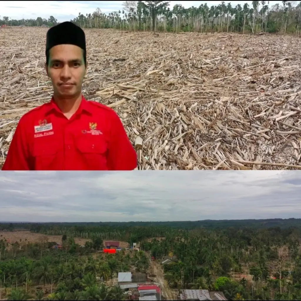 Foto: Rizal Fahmi Ketua PWRI Aceh Utara dan Gelondongan Kayu di Langkahan Pasca Banjir